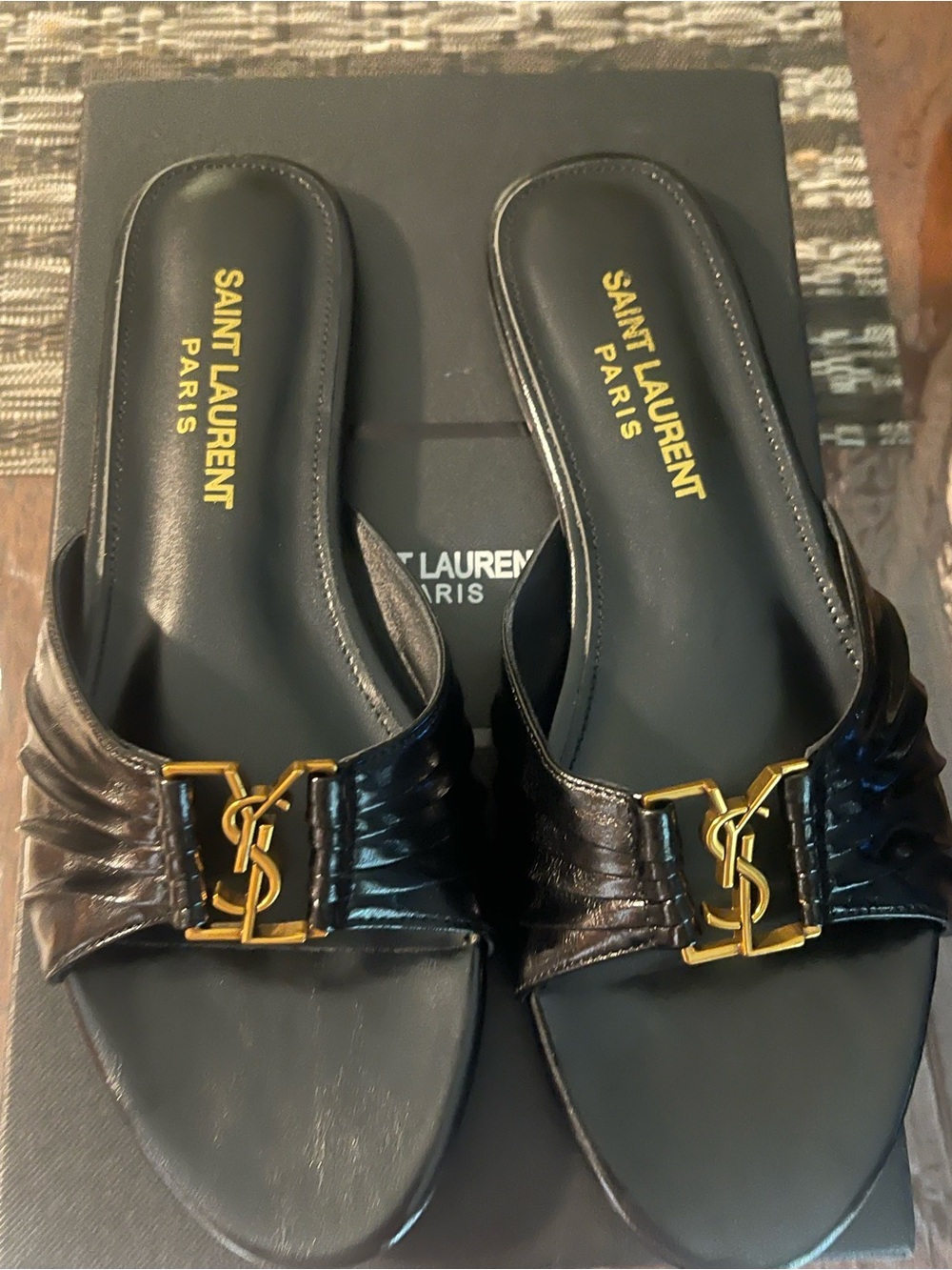 Black Slide Sandals with Gold Accent